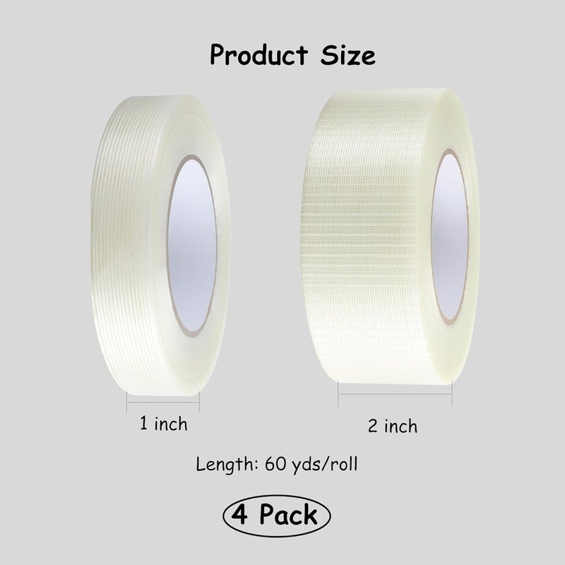 Lichamp 1" & 2" Fiberglass Strapping Tape, 4 Rolls 240 yd Heavy Duty Reinforced, Transparent Packing Tape for Boxes, Moving, Warehouse - Image 3